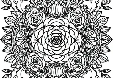 Blumenmandala aus Rosen und Ornamenten als Ausmalbild gratis