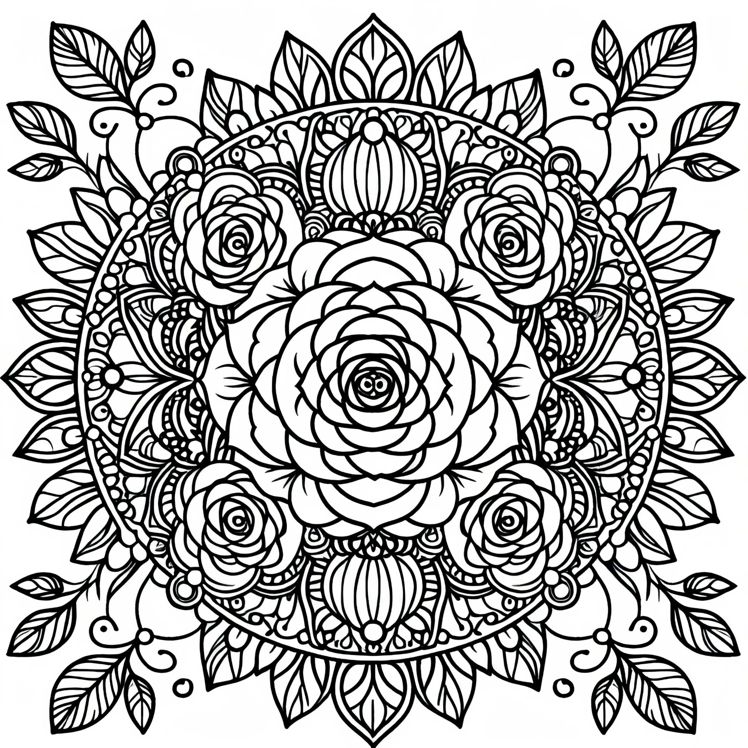 Blumenmandala aus Rosen und Ornamenten als Ausmalbild gratis