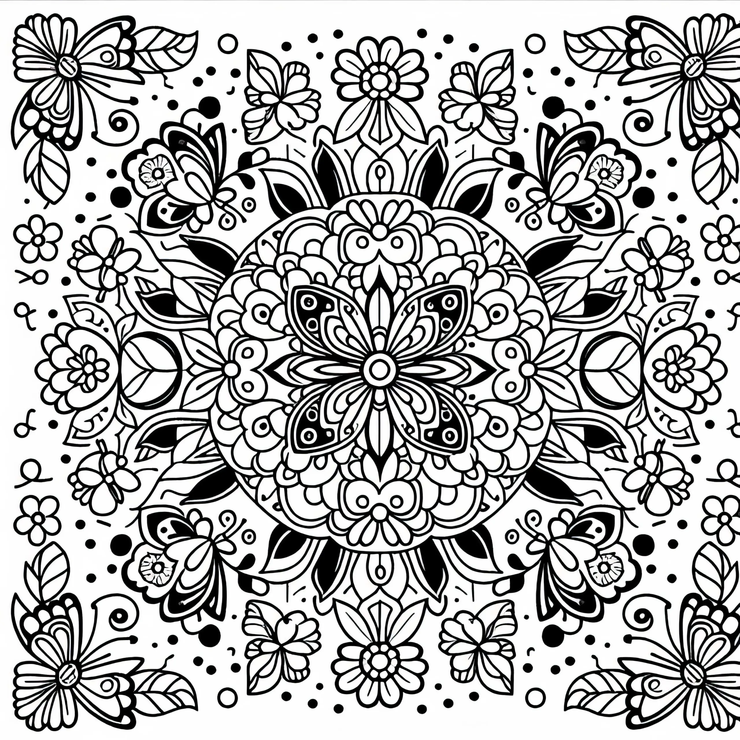 Blumenmandala mit Schmetterlingen und Blüten – kostenloses Ausmalbild