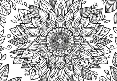 Mandala mit Sonnenblume und Blättern – Ausmalbild kostenlos