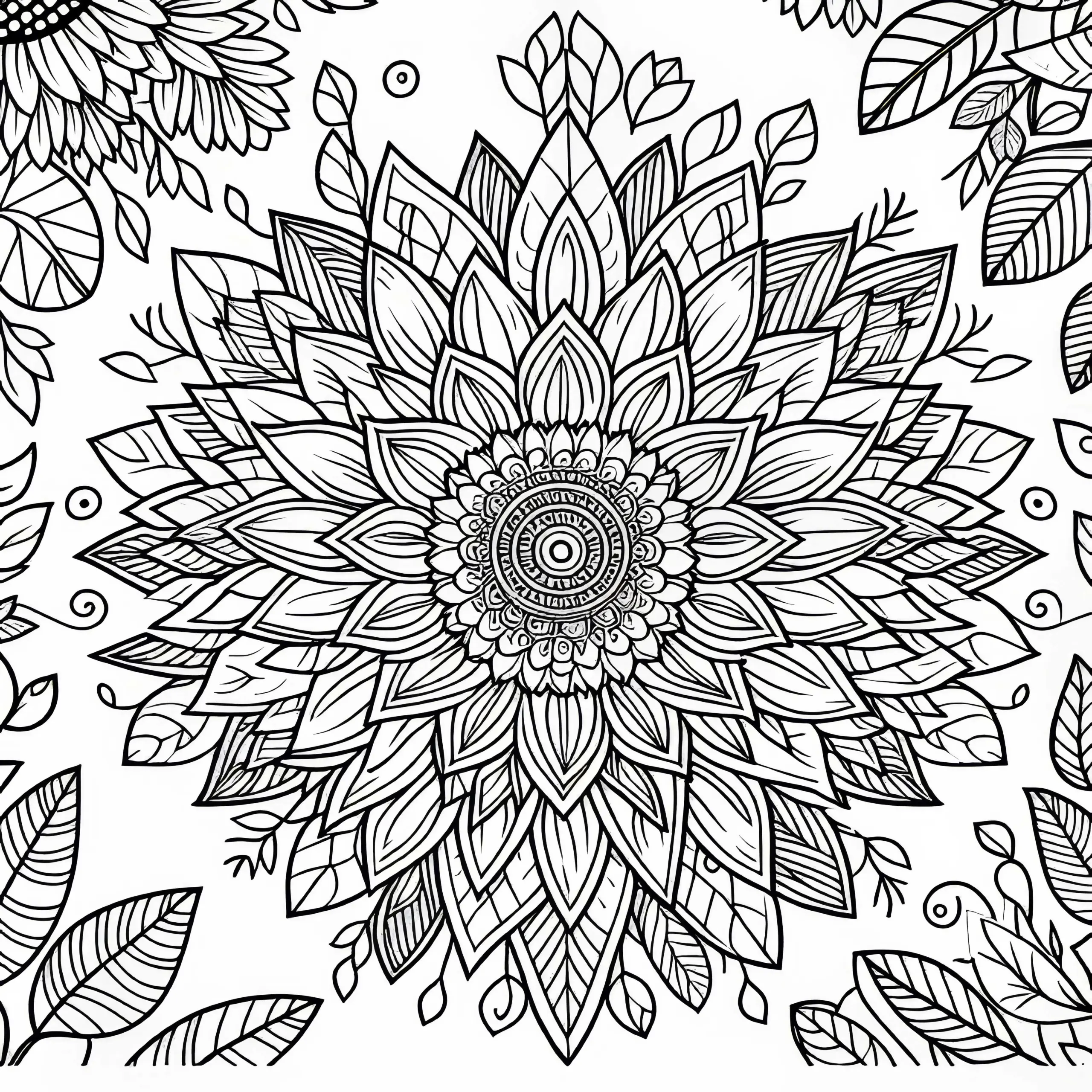 Mandala mit Sonnenblume und Blättern – Ausmalbild kostenlos