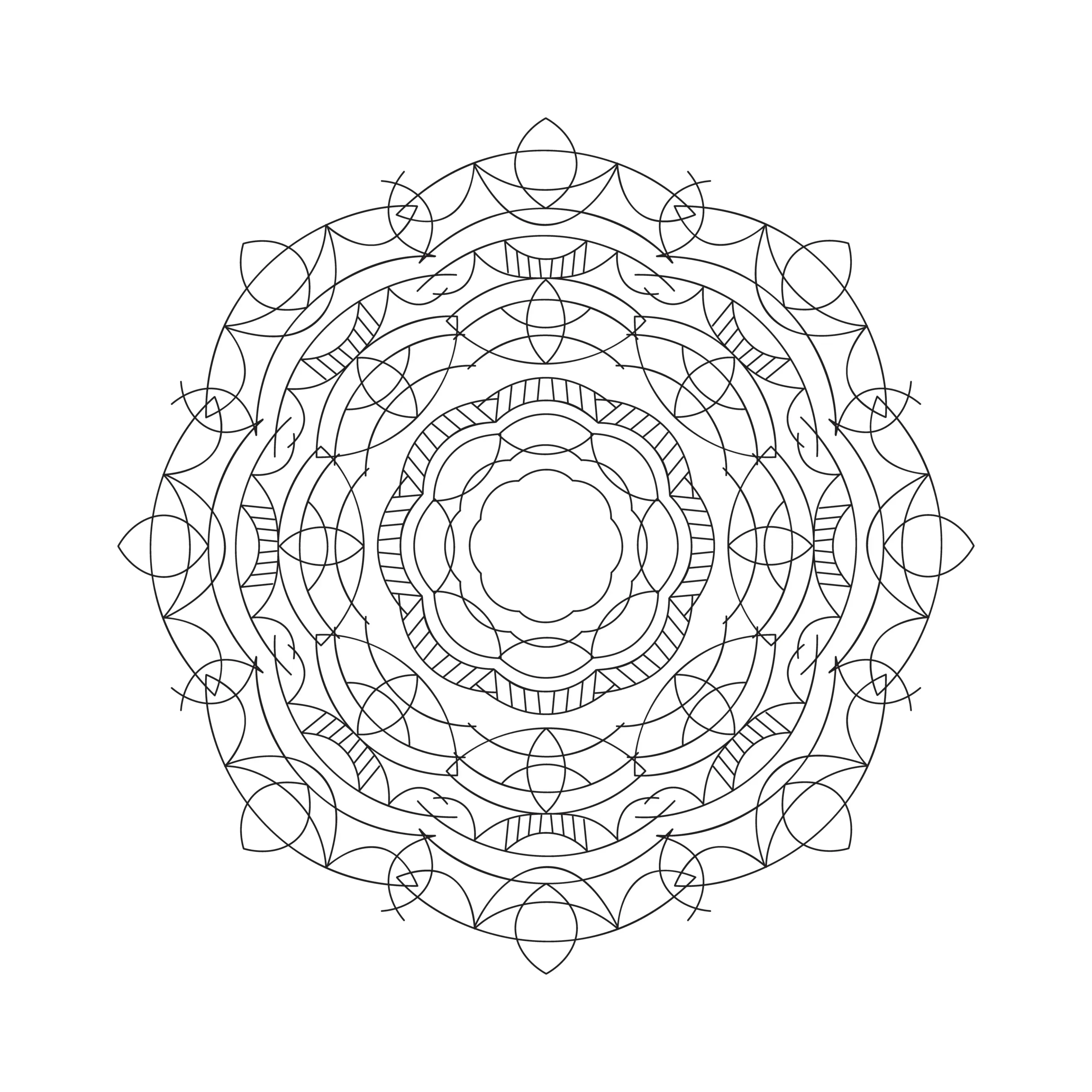 Mandala-Vorlage mit großen Ornamenten und Strukturen zum Ausmalen (Kostenlos) (Ausmalbild)