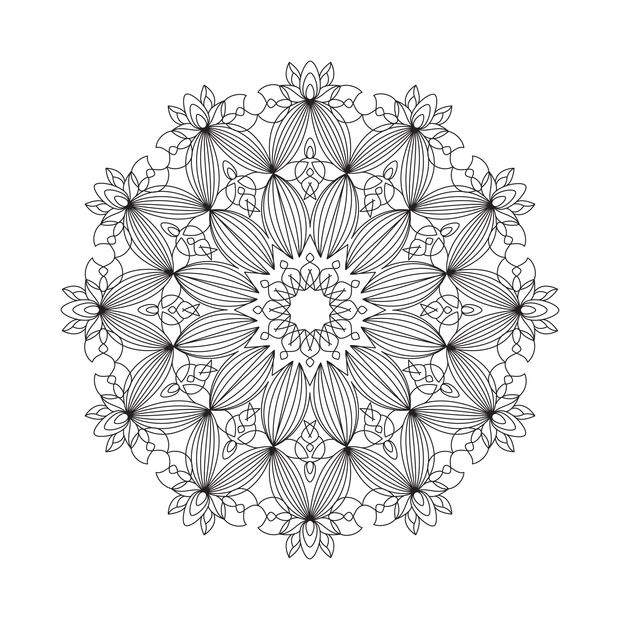 Mandala-Vorlage Ornamente und aufgehende Blüten: Kostenlose Malvorlage (Ausmalbild)