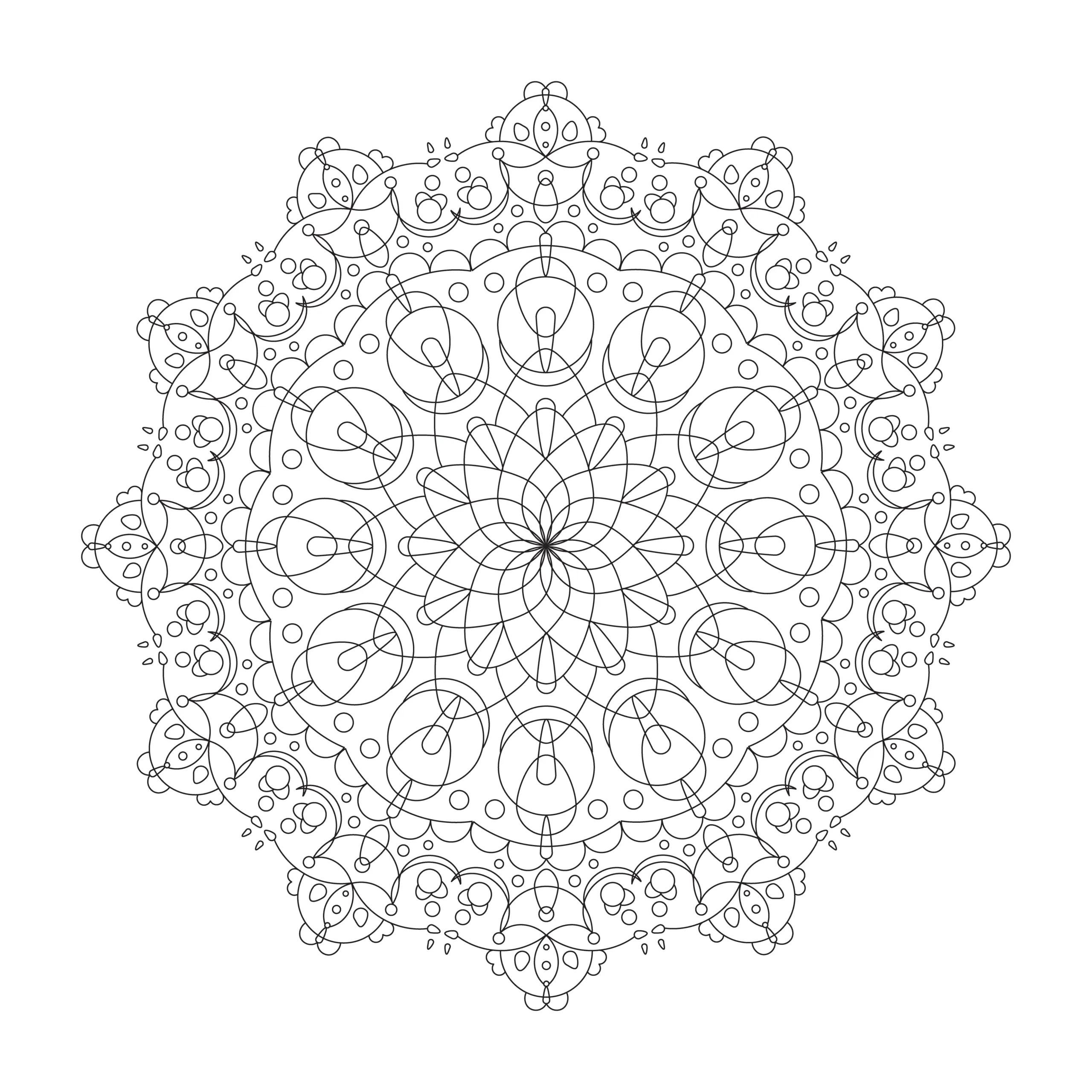 Mandala-Vorlage: Ornamente, Kreise, Ellipsen und runde Formen als Ausmalbild (Gratis)