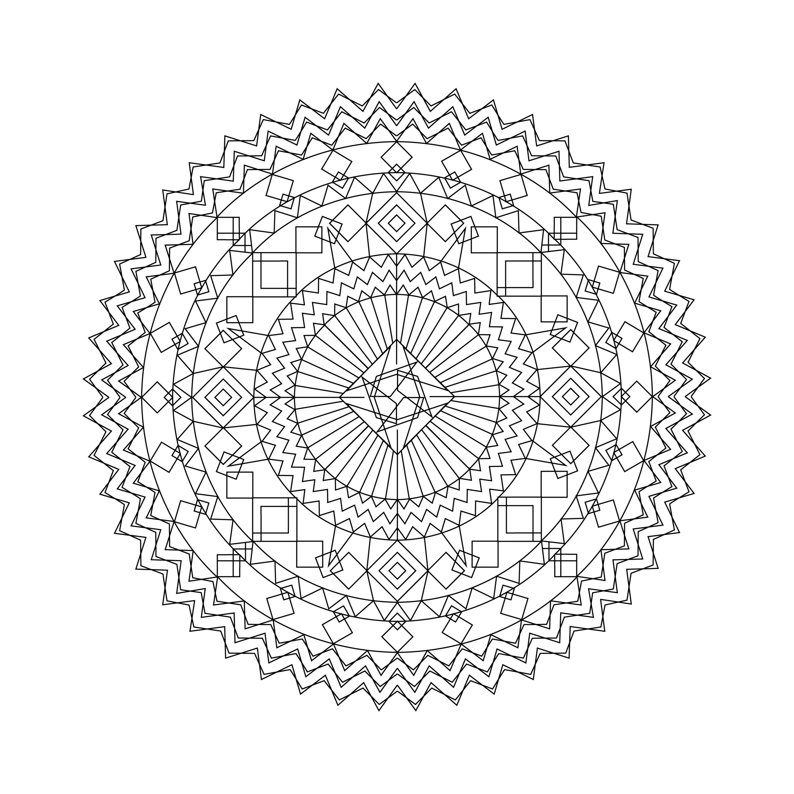 Mandala-Vorlage: Ornamente mit zackigen Linien zum Download (Gratis) (Ausmalbild)