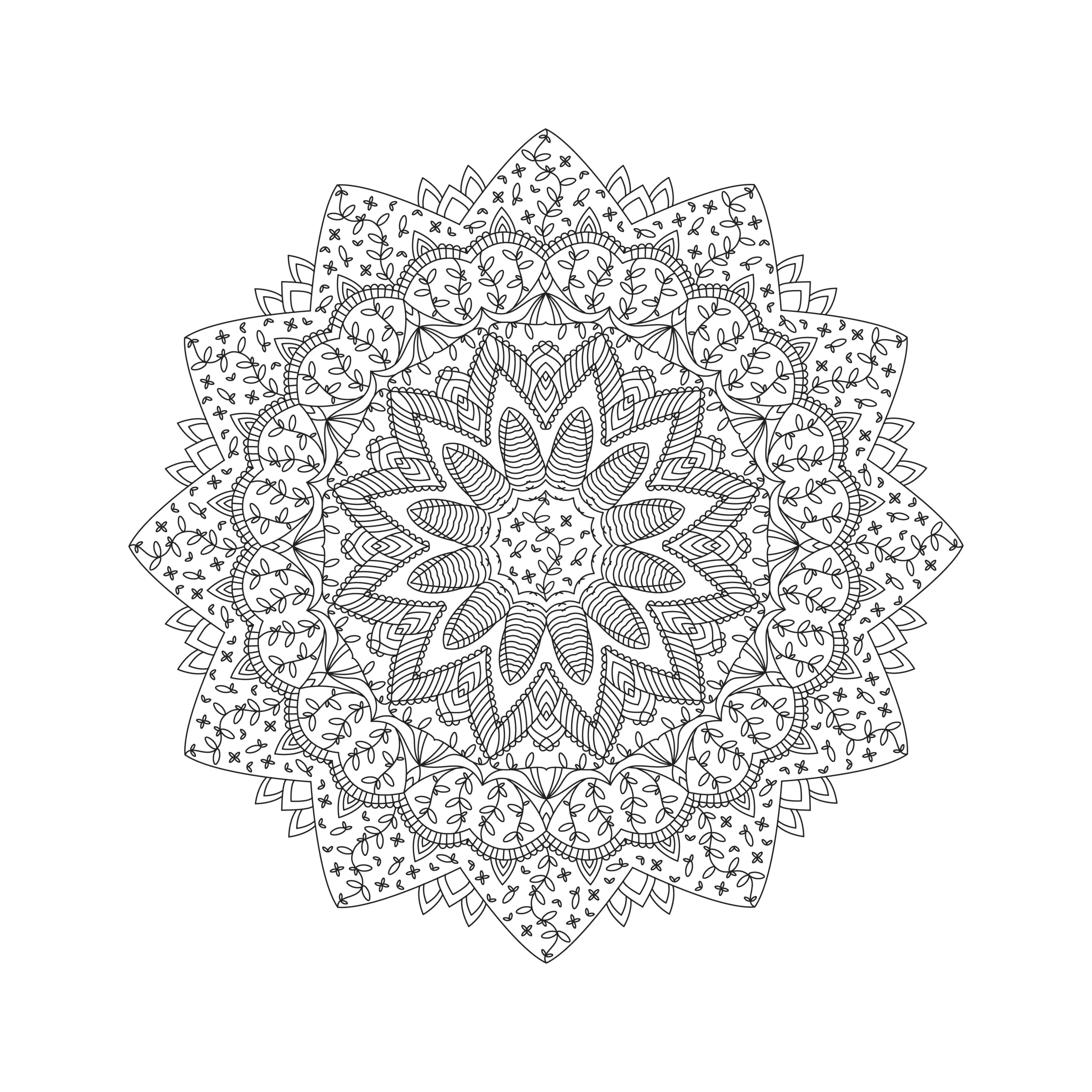 Mandala-Vorlage: Ornamente, Zweige und Blätter zum Herunterladen (Kostenlos) (Ausmalbild)