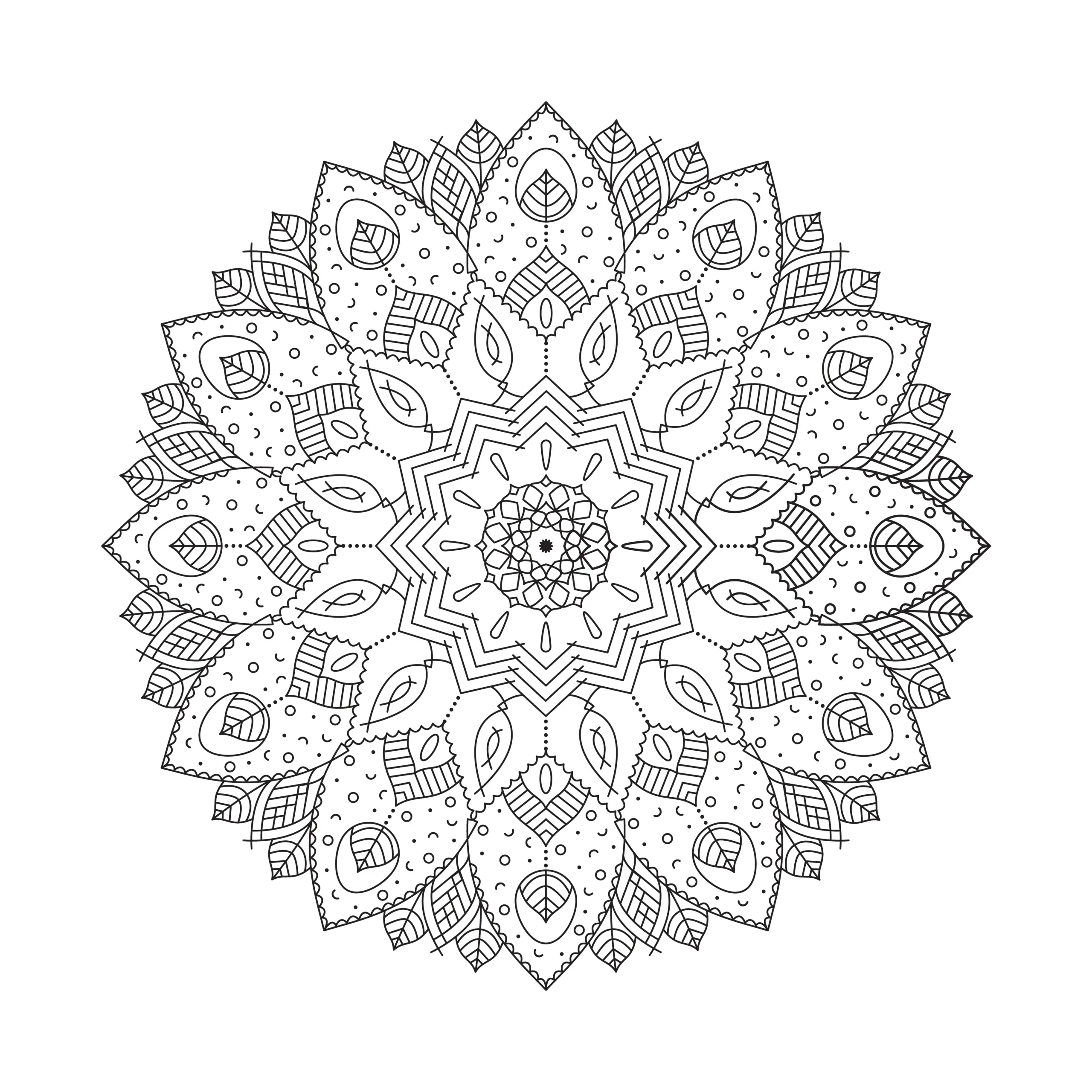 Mandala-Vorlage mit Ornamenten und Blütenstruktur: Ausmalbild zum Download (Gratis)