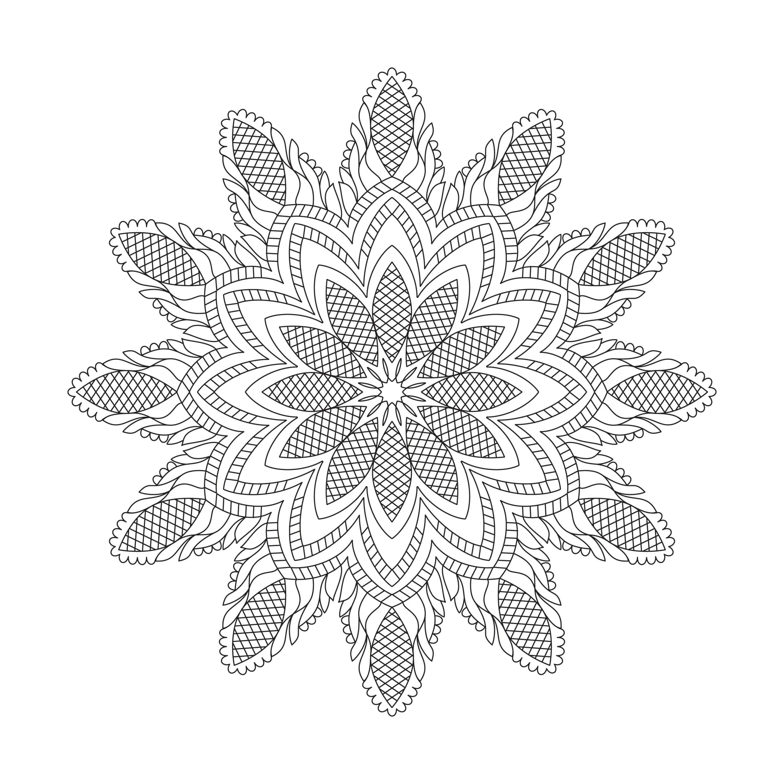 Mandala-Vorlage mit Ornamenten und Rasterblume zum Download (Kostenlos) (Ausmalbild)