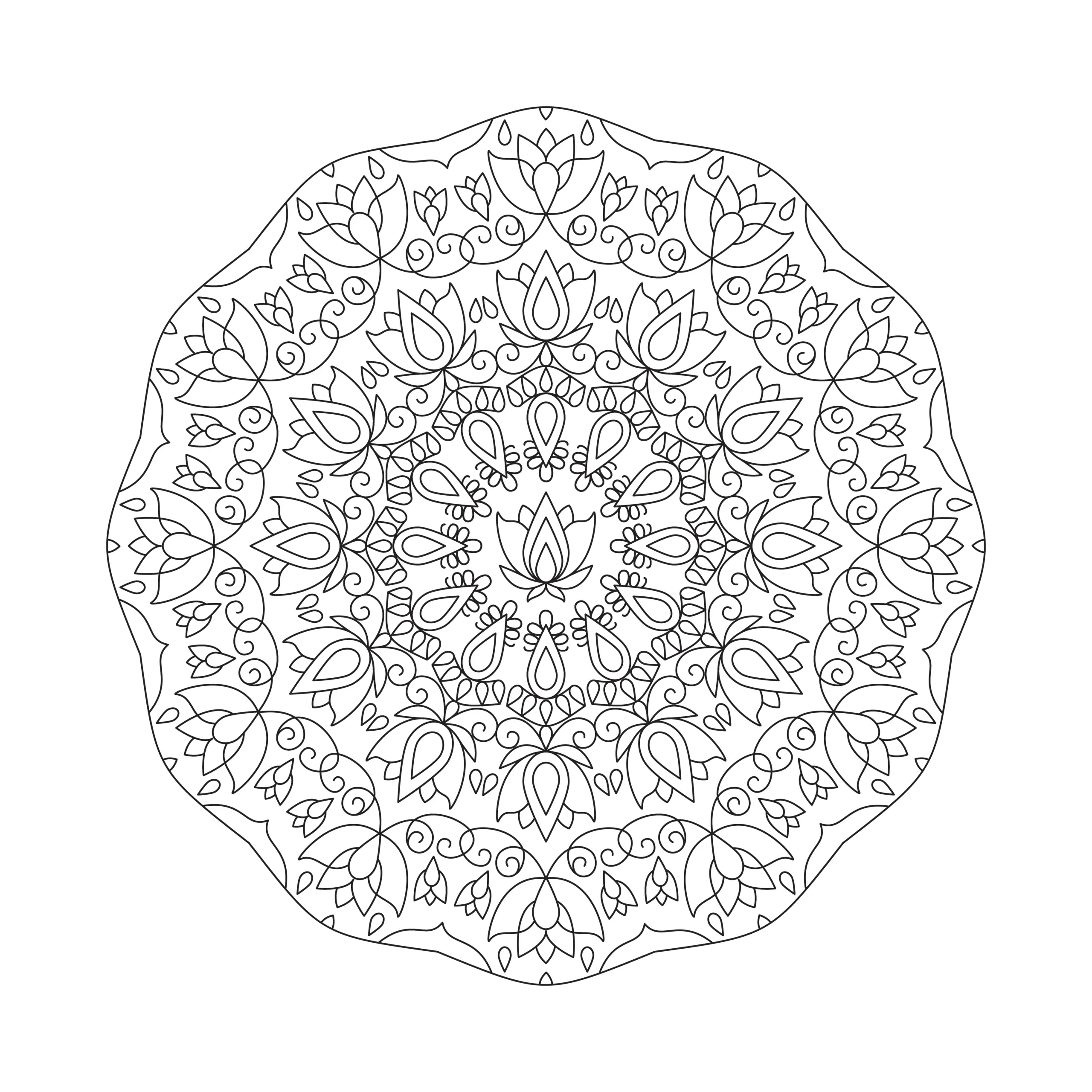 Mandala-Vorlage mit Ornamenten und vielen Blüten zum Herunterladen (Kostenlos) (Ausmalbild)