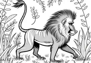 Mandrill läuft durch das hohe Gras – Ausmalbild kostenlos