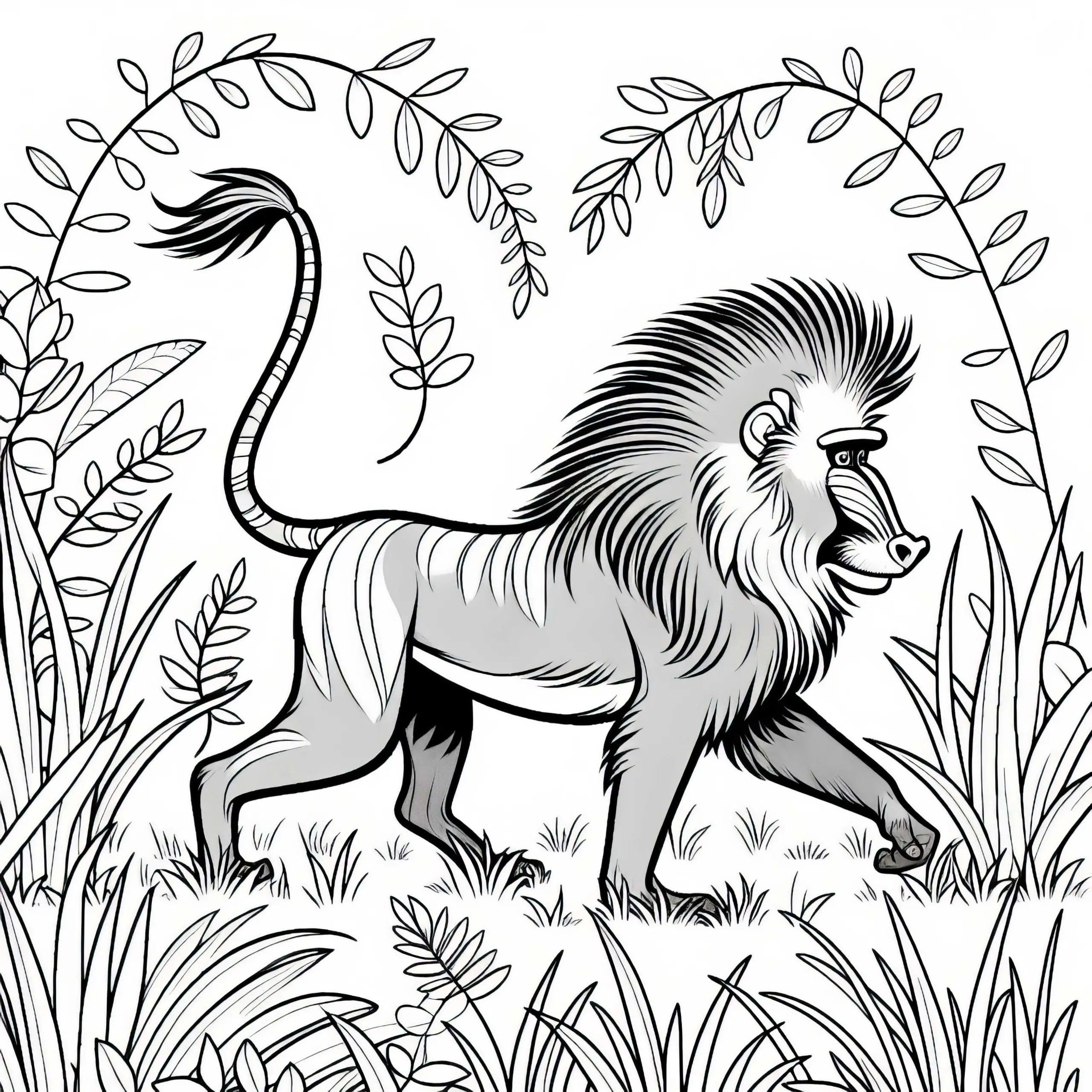 Mandrill läuft durch das hohe Gras – Ausmalbild kostenlos