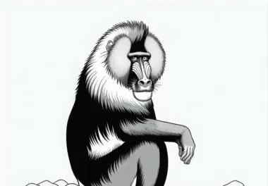 Mandrill sitzt auf einem Felsen – Ausmalbild gratis