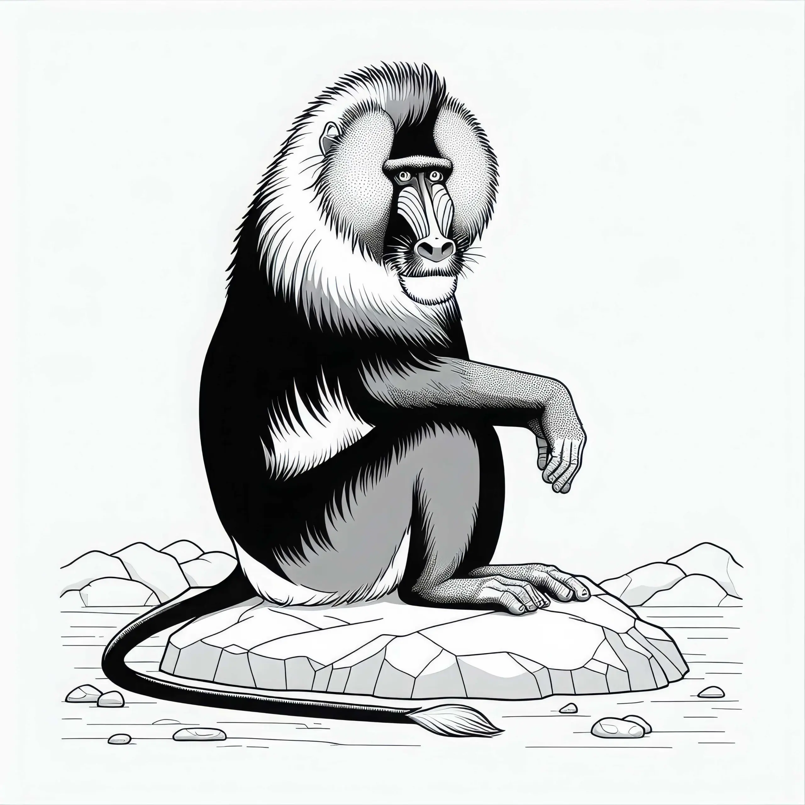 Mandrill sitzt auf einem Felsen – Ausmalbild gratis