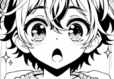 Manga Charakter schaut überrascht mit großen leuchtenden Augen auf ein Geschenk – Ausmalbild kostenlos