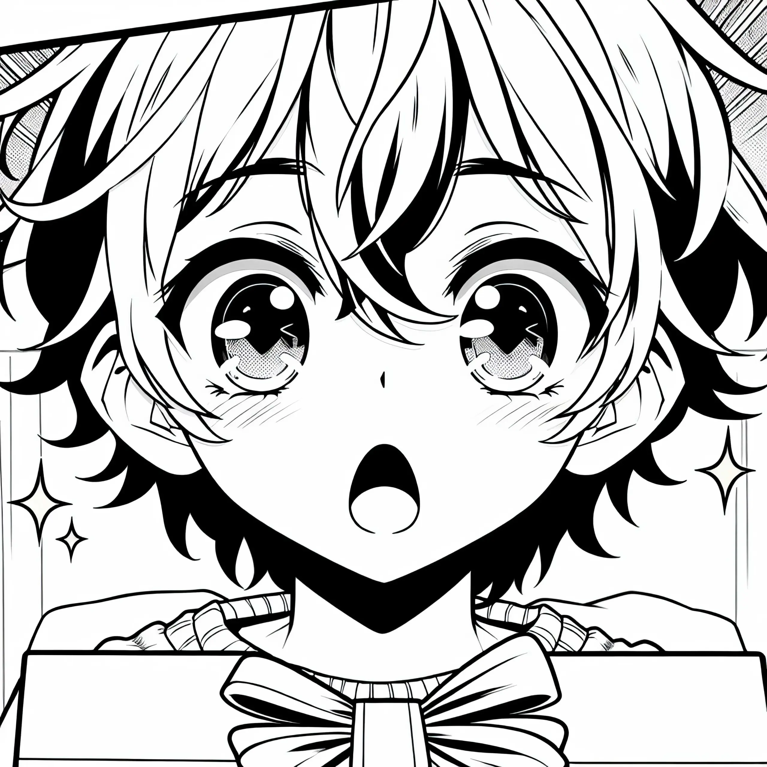 Manga Charakter schaut überrascht mit großen leuchtenden Augen auf ein Geschenk – Ausmalbild kostenlos