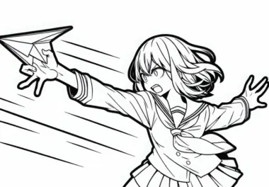Manga-Figur wirft mit vollem Körpereinsatz Papierflieger – Ausmalbild kostenlos