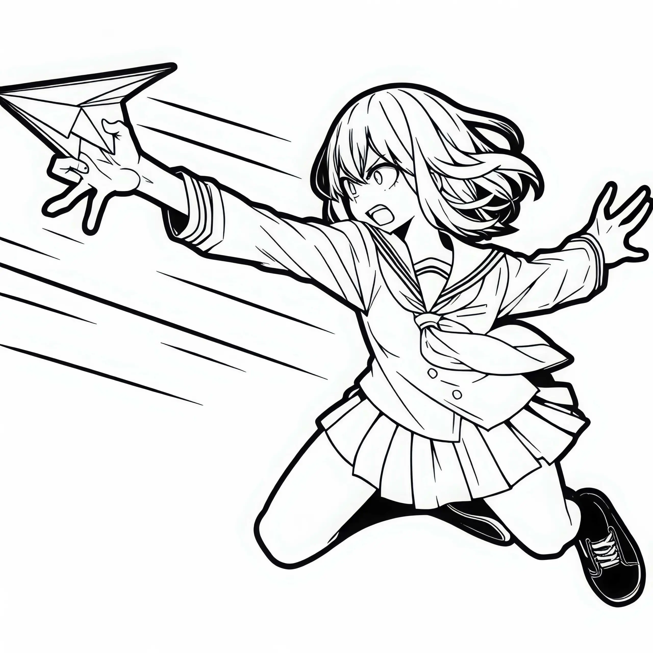 Manga-Figur wirft mit vollem Körpereinsatz Papierflieger – Ausmalbild kostenlos