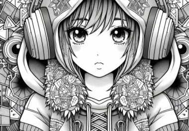 Manga-Mädchen mit Kopfhörern im Oversize-Hoodie – Ausmalbild für Mädchen ab zwölf (gratis)