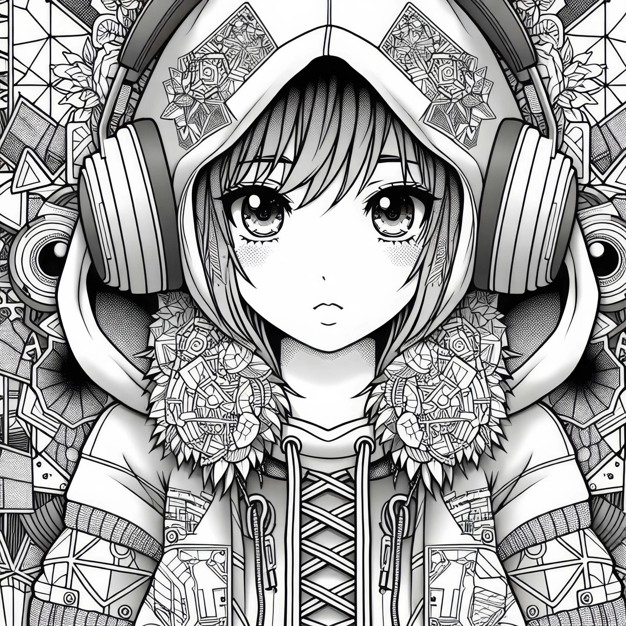 Manga-Mädchen mit Kopfhörern im Oversize-Hoodie – Ausmalbild für Mädchen ab zwölf (gratis)
