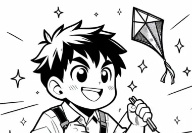 Manga Junge beim Drachen Steigen Lassen – Malvorlage Kostenlos