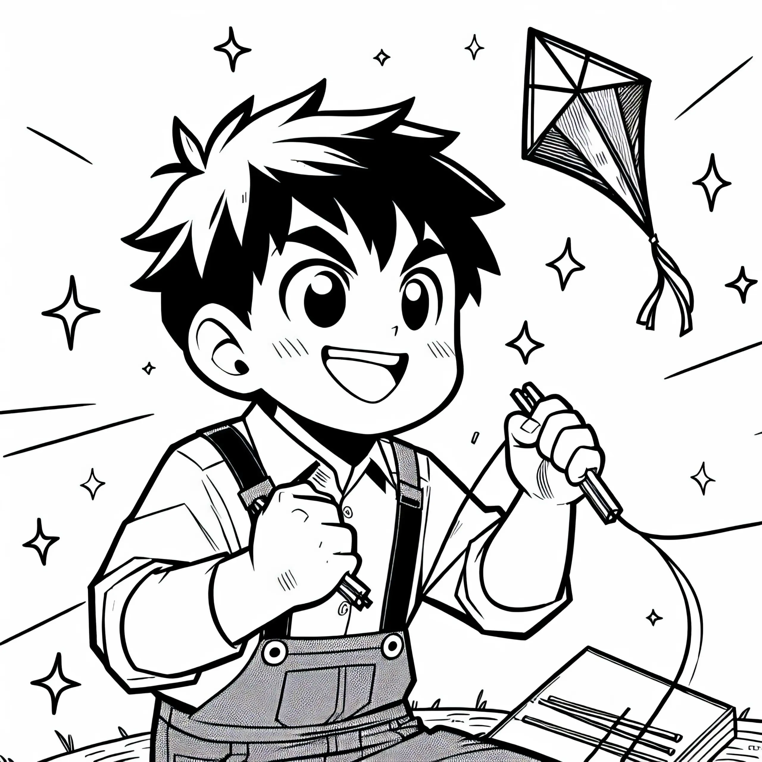 Manga Junge beim Drachen Steigen Lassen – Malvorlage Kostenlos (Ausmalbild)