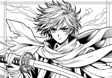 Manga-Junge mit Schwert – Malvorlage für Jungs ab neun –Gratis