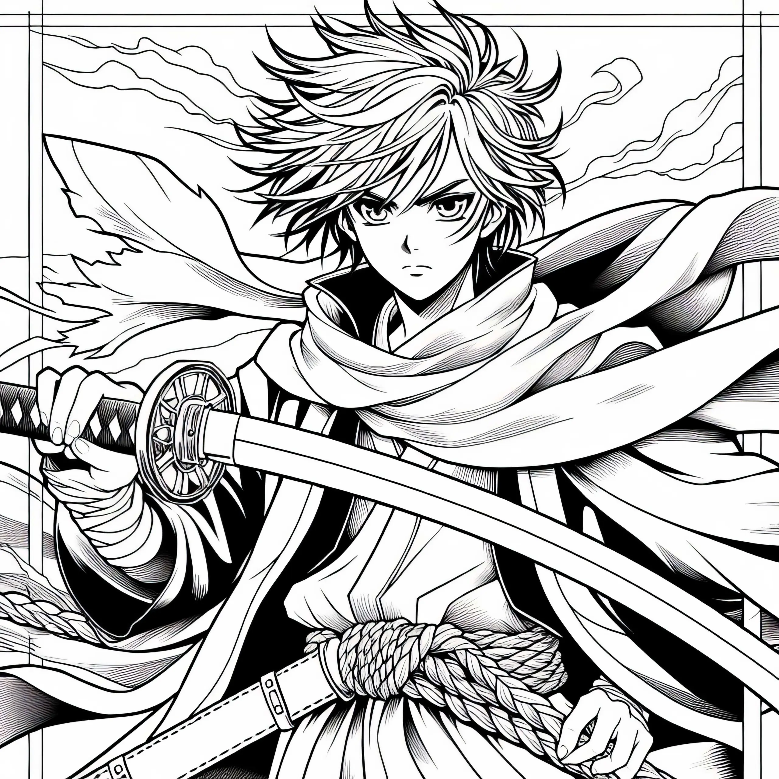 Manga-Junge mit Schwert – Malvorlage für Jungs ab neun –Gratis (Ausmalbild)