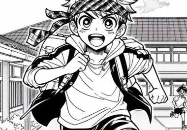 Manga-Junge mit Sportbandana läuft voller Energie über Schulhof – Ausmalbild gratis