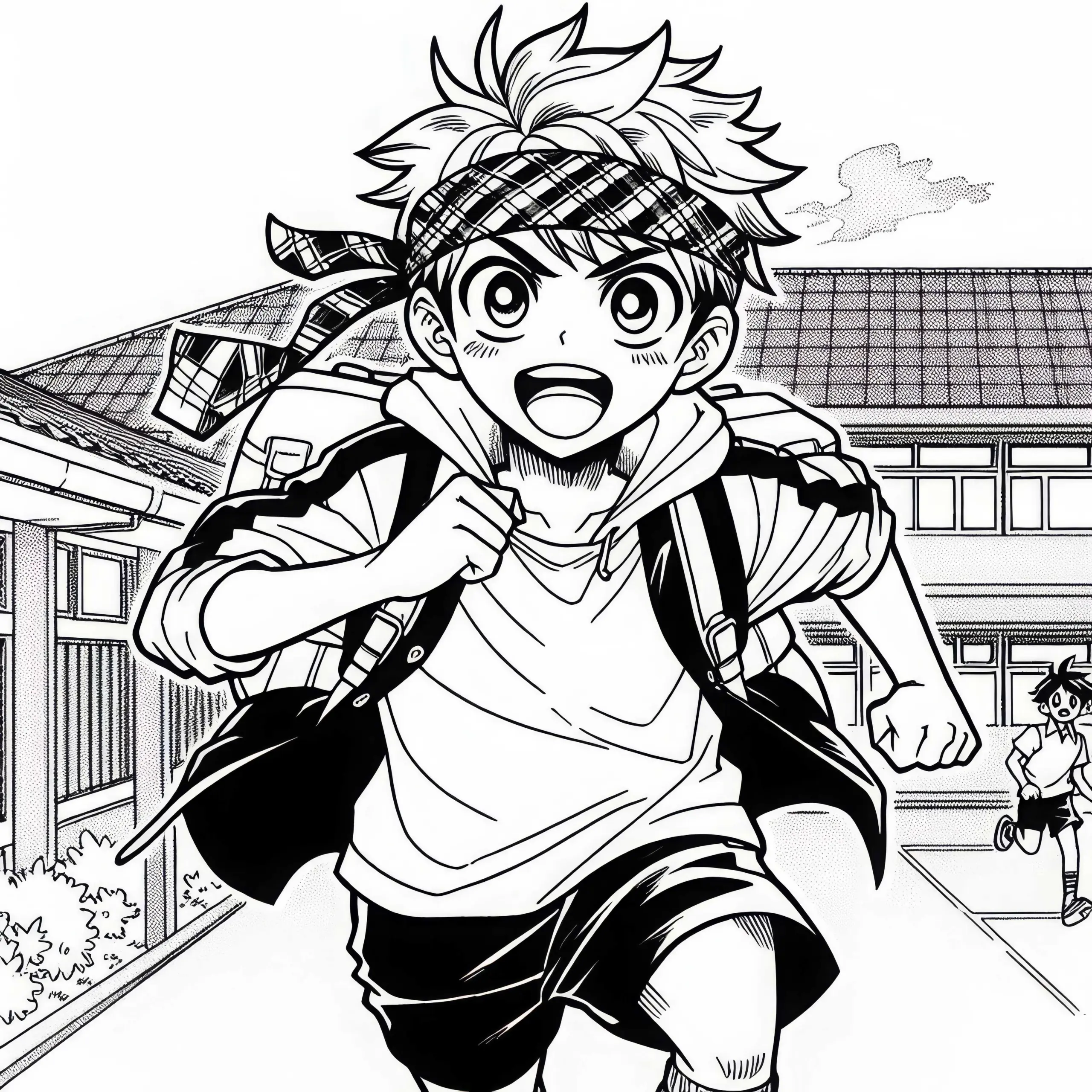 Manga-Junge mit Sportbandana läuft voller Energie über Schulhof – Ausmalbild gratis