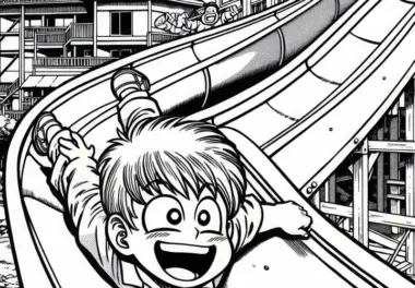 Manga-Junge rutscht fröhlich lange Rutsche hinunter – Malvorlage kostenlos