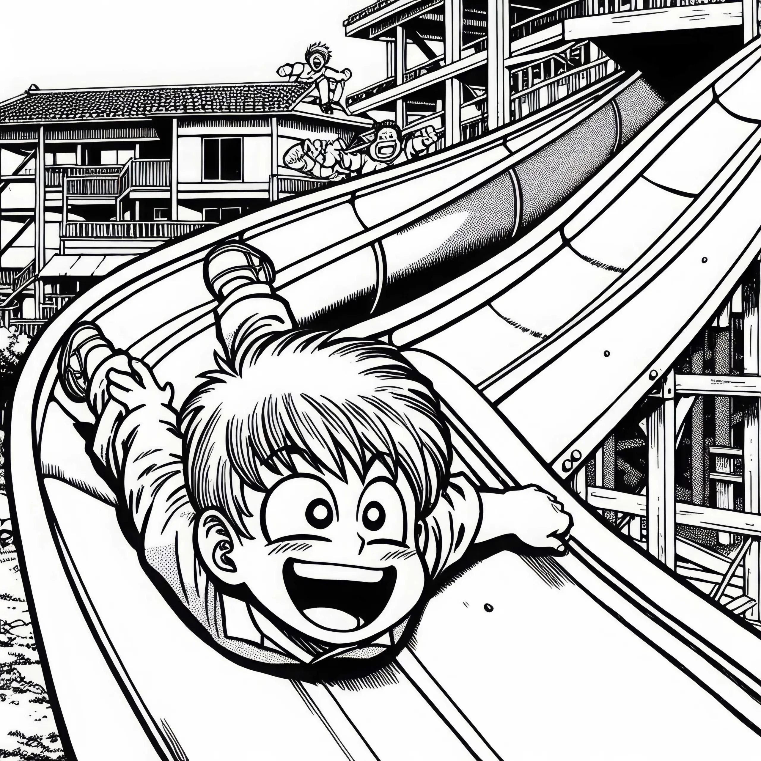 Manga-Junge rutscht fröhlich lange Rutsche hinunter – Malvorlage kostenlos (Ausmalbild)