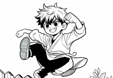 Manga-Junge springt geschickt über Zaun und grinst frech – Malvorlage kostenlos