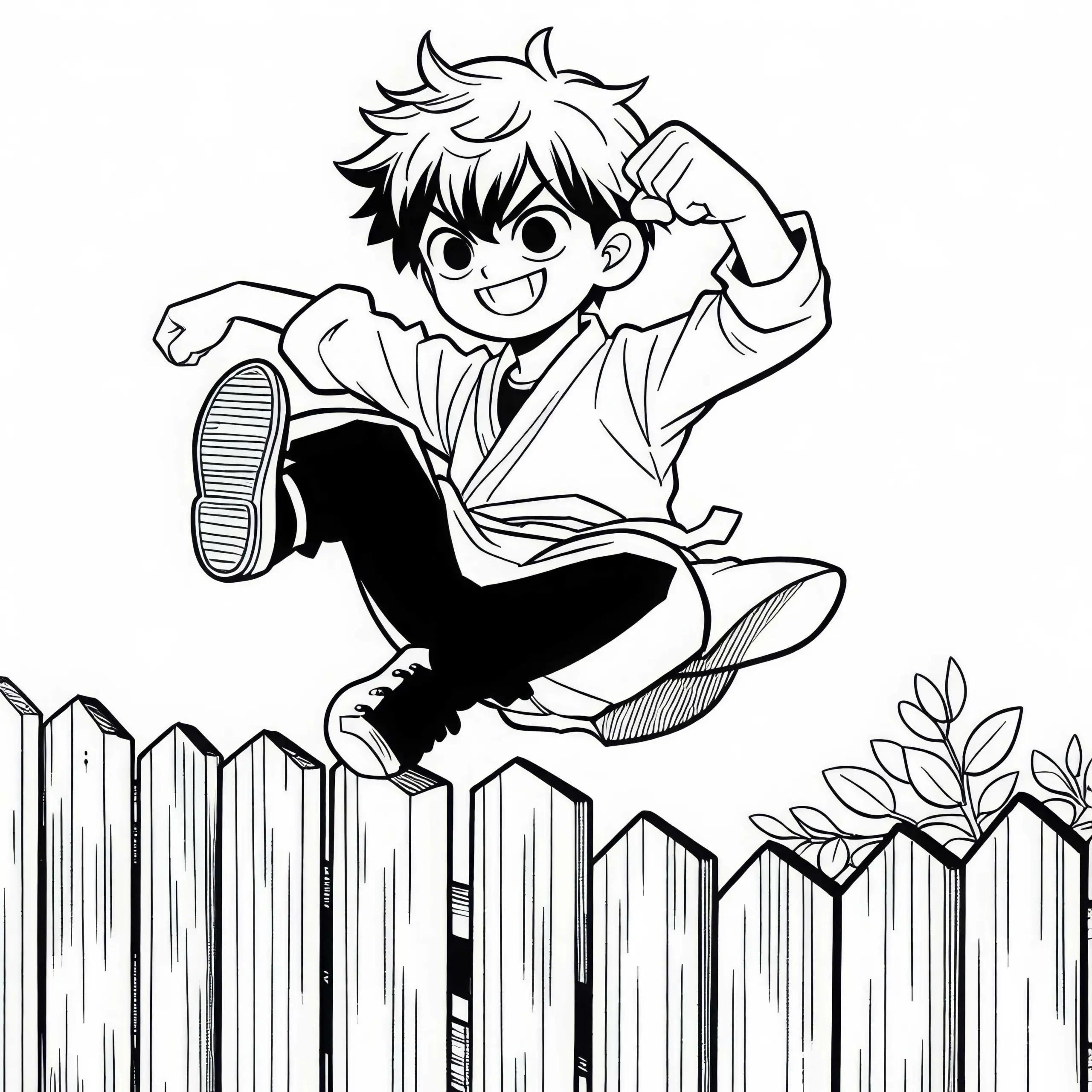 Manga-Junge springt geschickt über Zaun und grinst frech – Malvorlage kostenlos (Ausmalbild)