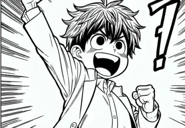 Manga-Junge streckt triumphierend die Faust in die Luft – Malvorlage kostenlos