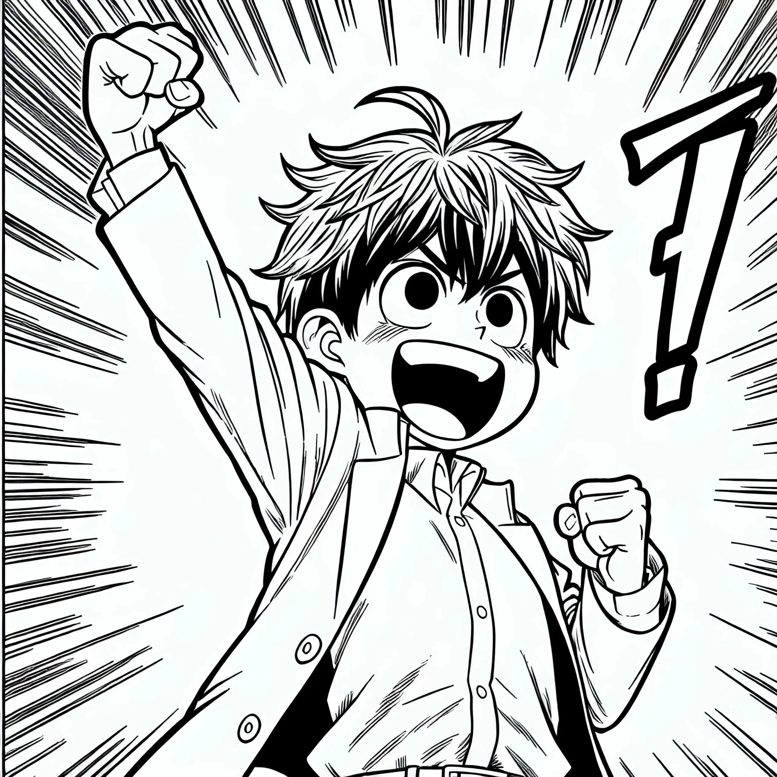 Manga-Junge streckt triumphierend die Faust in die Luft – Malvorlage kostenlos (Ausmalbild)