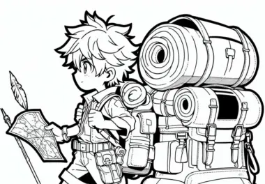 Manga-Kind mit riesigem Rucksack und Karte auf Entdeckungstour (Ausmalbild kostenlos)