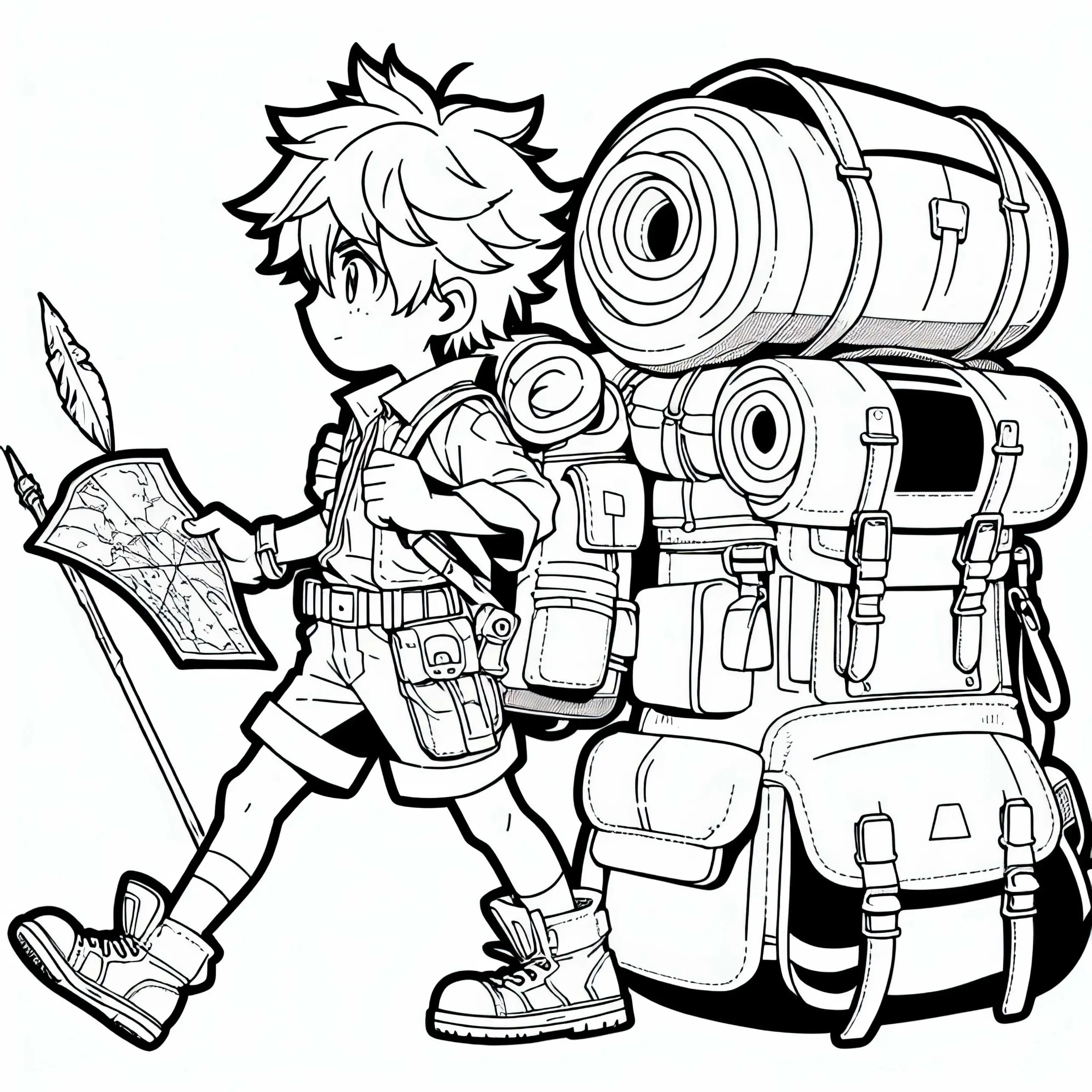 Manga-Kind mit riesigem Rucksack und Karte auf Entdeckungstour (Ausmalbild kostenlos)