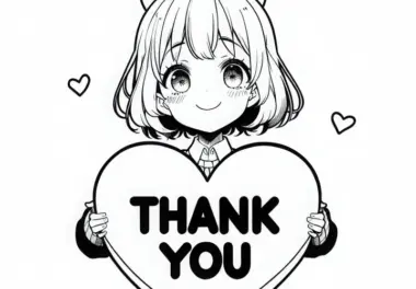 Manga Mädchen hält stolz großes Herz mit der Aufschrift „Thank You“ – Ausmalbild kostenlos