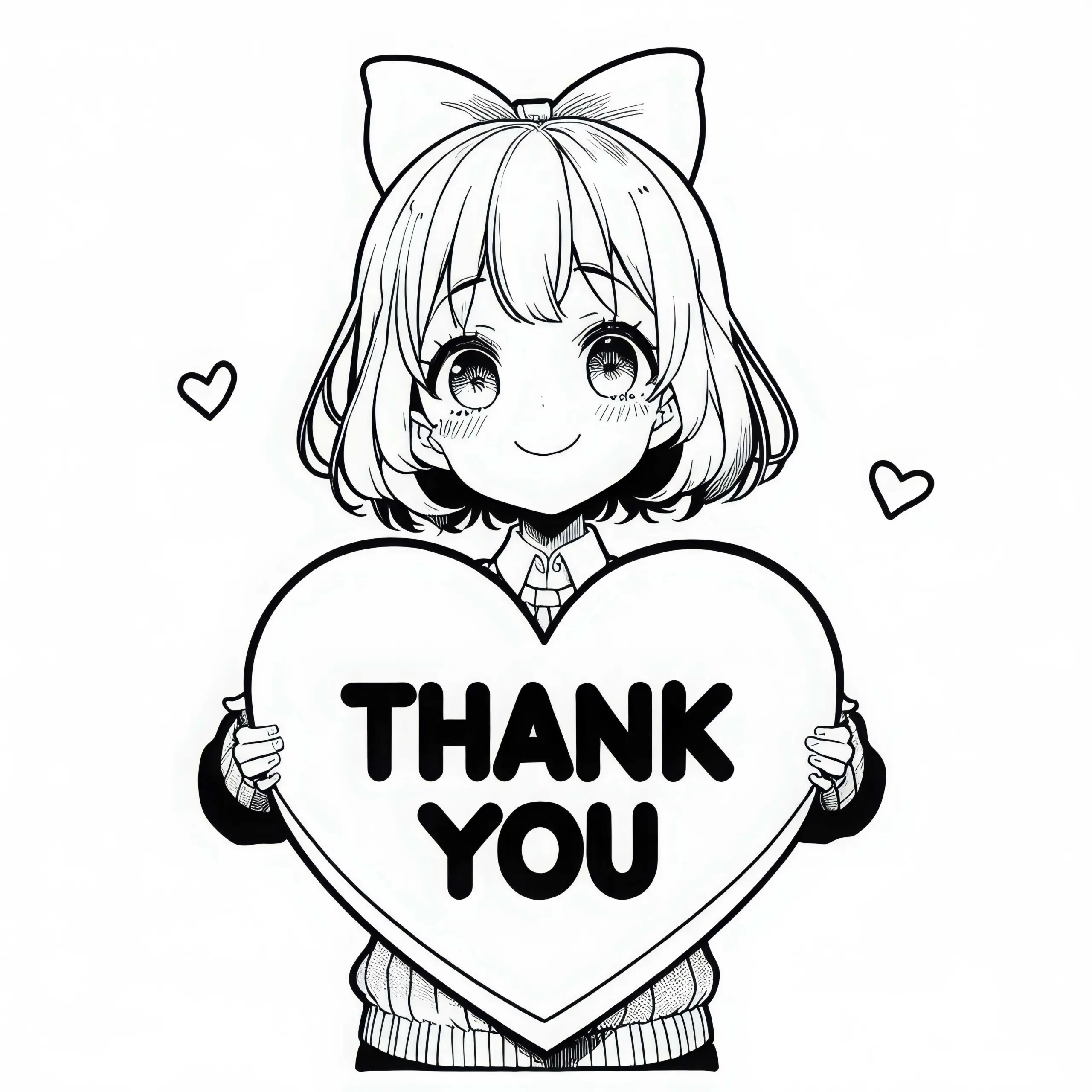 Manga Mädchen hält stolz großes Herz mit der Aufschrift „Thank You“ – Ausmalbild kostenlos