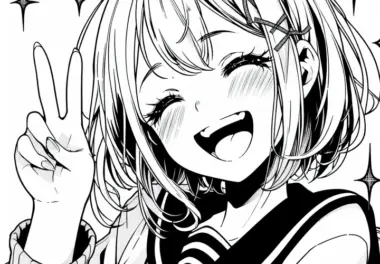 Manga-Mädchen lacht herzlich und zeigt ein Peace-Zeichen – Malvorlage kostenlos