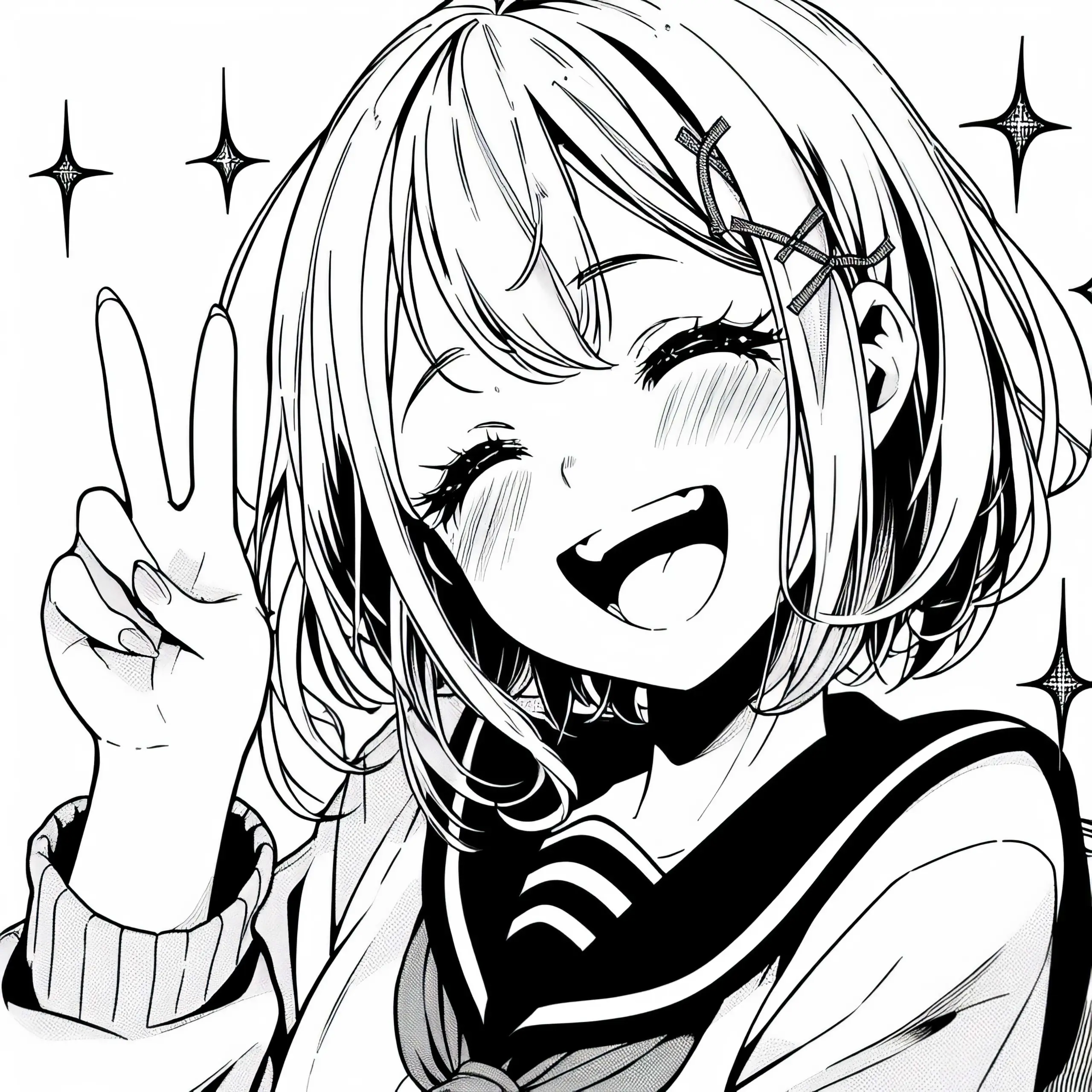 Manga-Mädchen lacht herzlich und zeigt ein Peace-Zeichen – Malvorlage kostenlos (Ausmalbild)