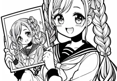Manga-Mädchen mit Zöpfen hält stolz ihr selbst gemaltes Bild in der Hand – Ausmalbild kostenlos