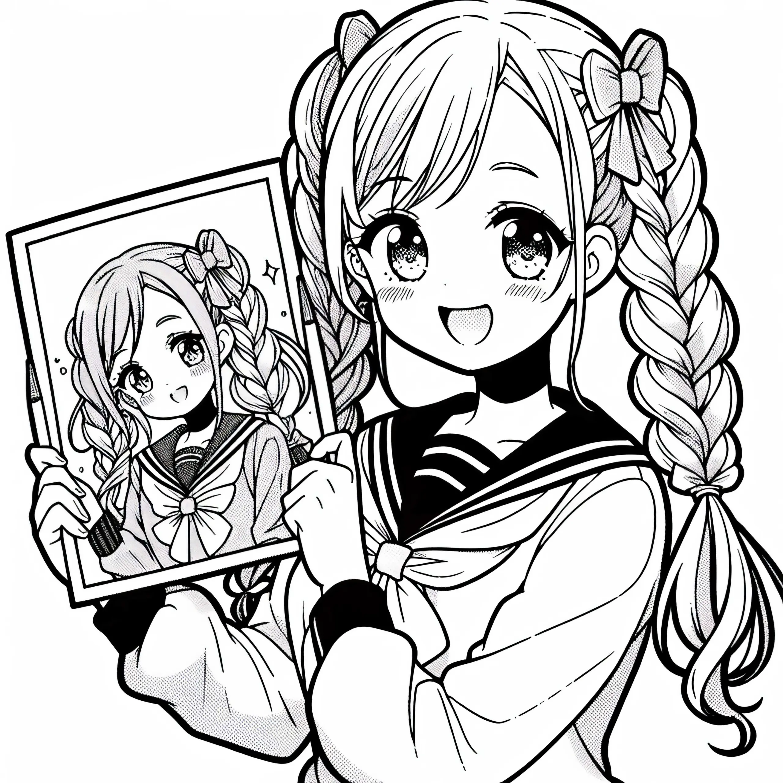 Manga-Mädchen mit Zöpfen hält stolz ihr selbst gemaltes Bild in der Hand – Ausmalbild kostenlos