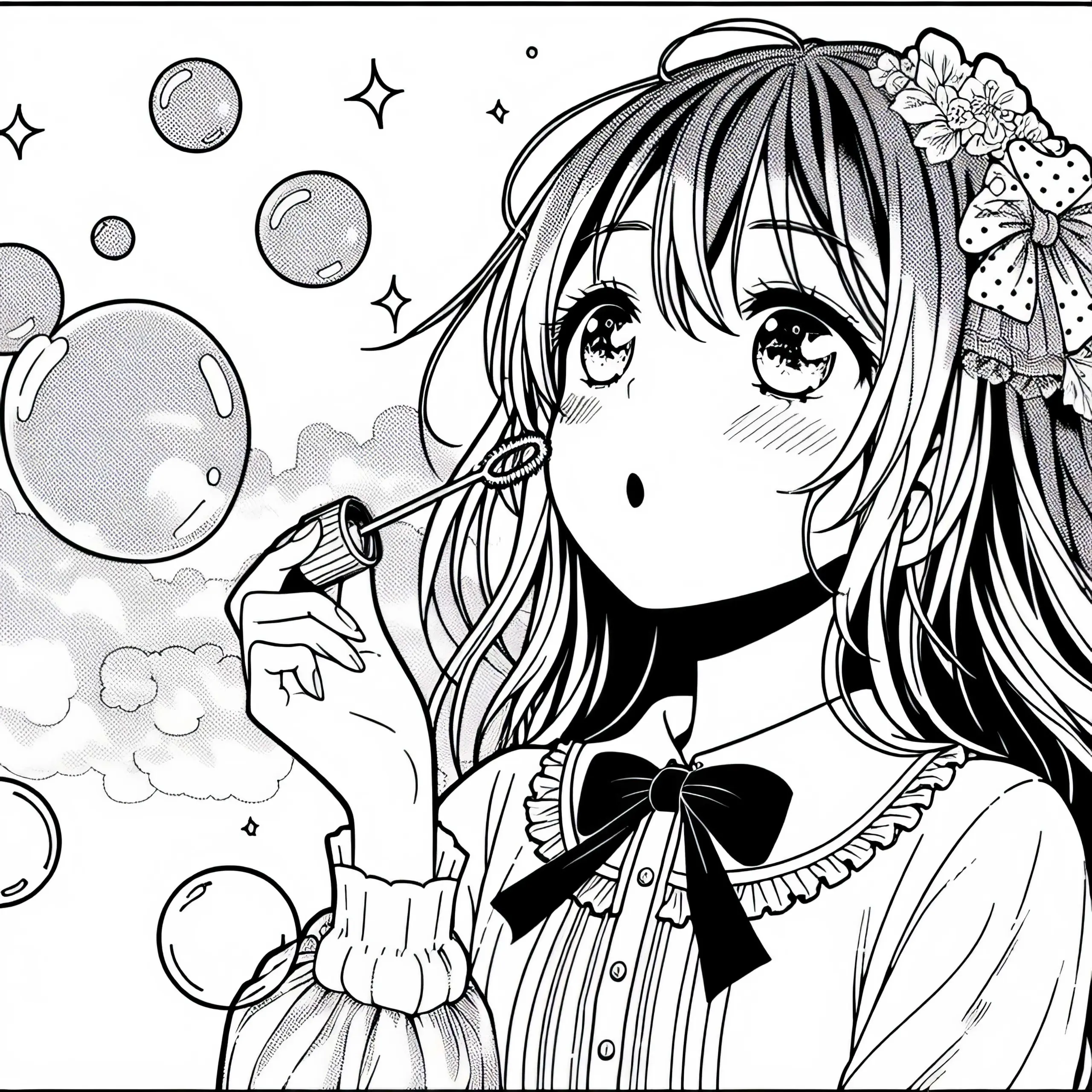Manga Mädchen pustet Seifenblase Malvorlage gratis (Ausmalbild)
