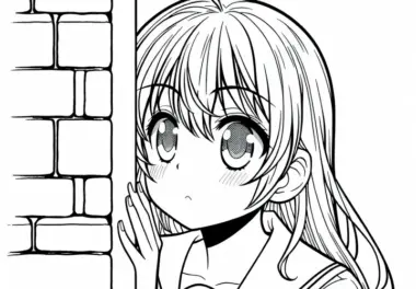 Manga-Mädchen schaut neugierig um eine Mauerecke – Ausmalbild kostenlos