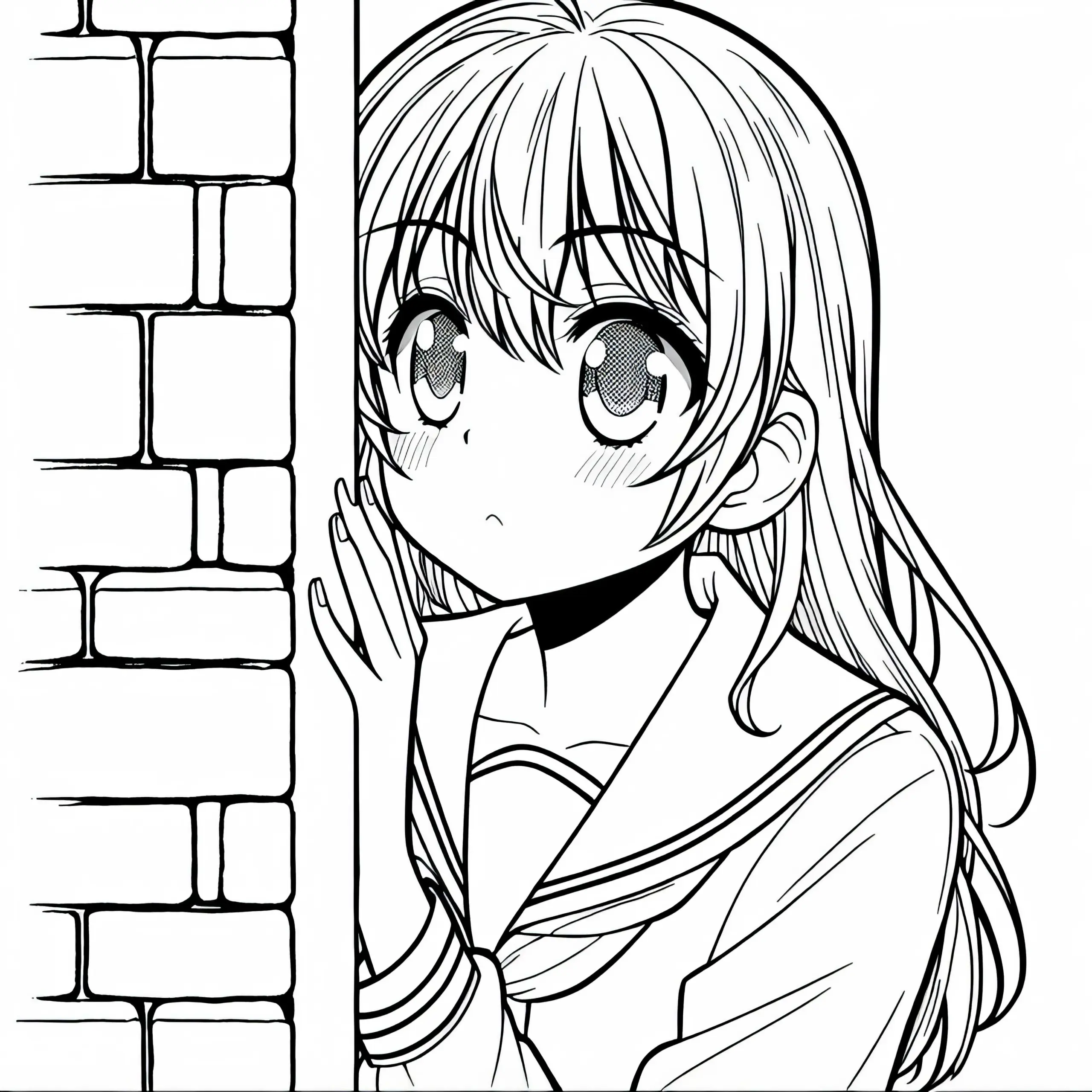 Manga-Mädchen schaut neugierig um eine Mauerecke – Ausmalbild kostenlos