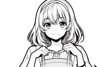 Manga-Mädchen zieht sich Kochschürze an – Ausmalbild kostenlos