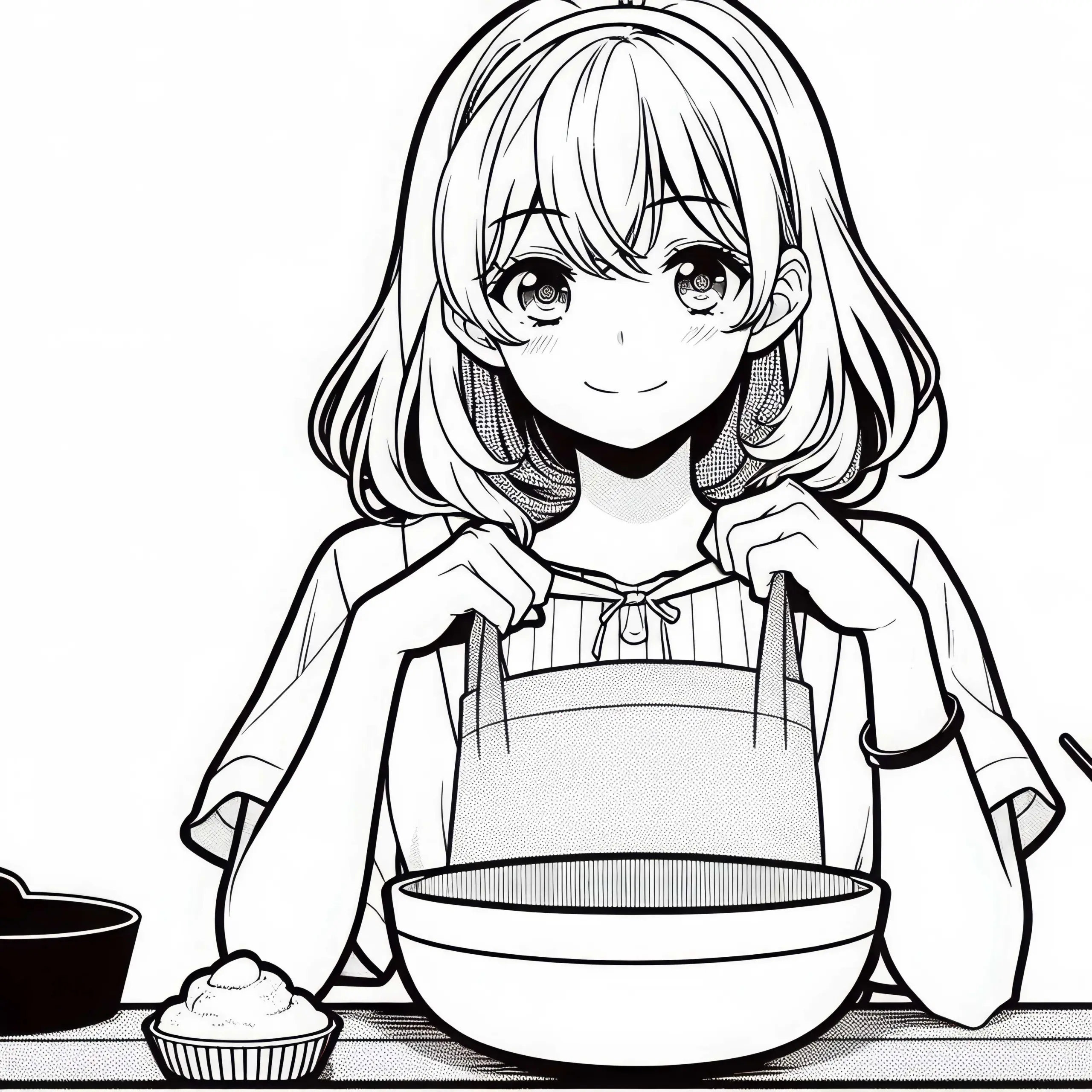 Manga-Mädchen zieht sich Kochschürze an – Ausmalbild kostenlos