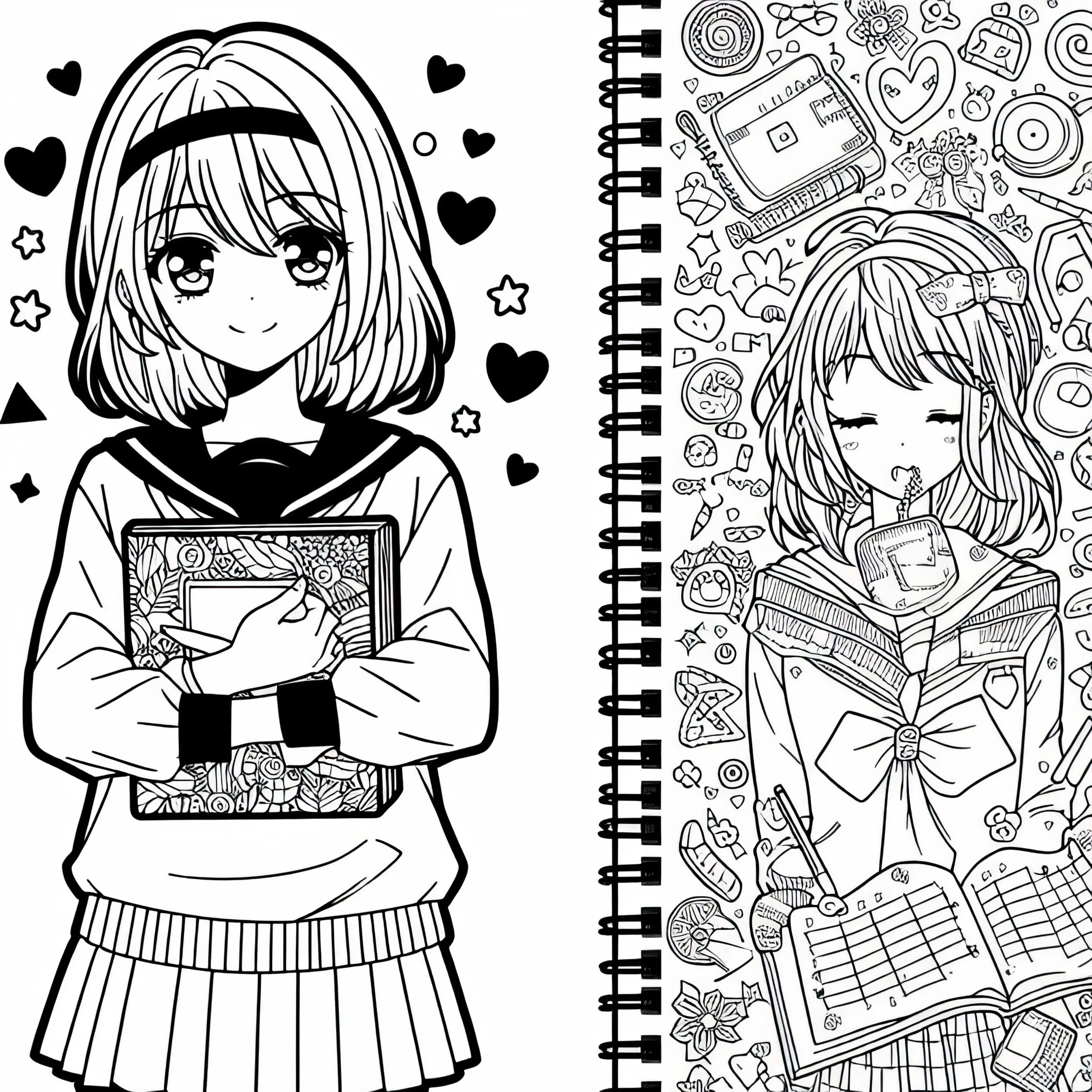Manga-Schülerin mit Notizbuch – Ausmalbild für Mädchen ab neun gratis