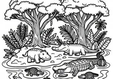 Mangrovengebiet mit Flusspferd und Krokodilen – Ausmalbild Afrika kostenlos